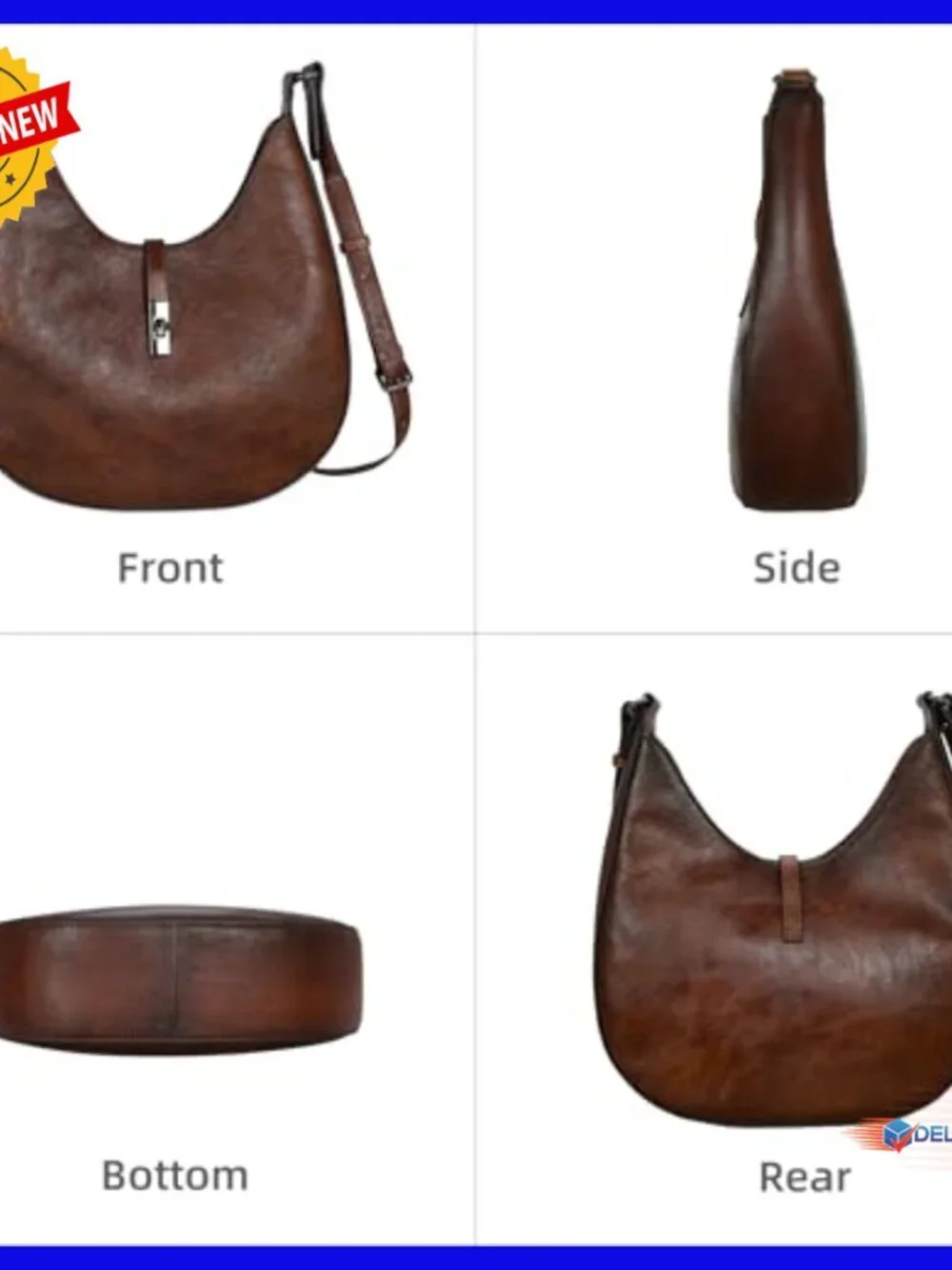 Medium Leather Crossbody Hobo Bag with Adjustable Strap, Secure Closure